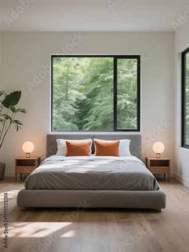 Modern Bedroom with Large Window Overlooking Forest