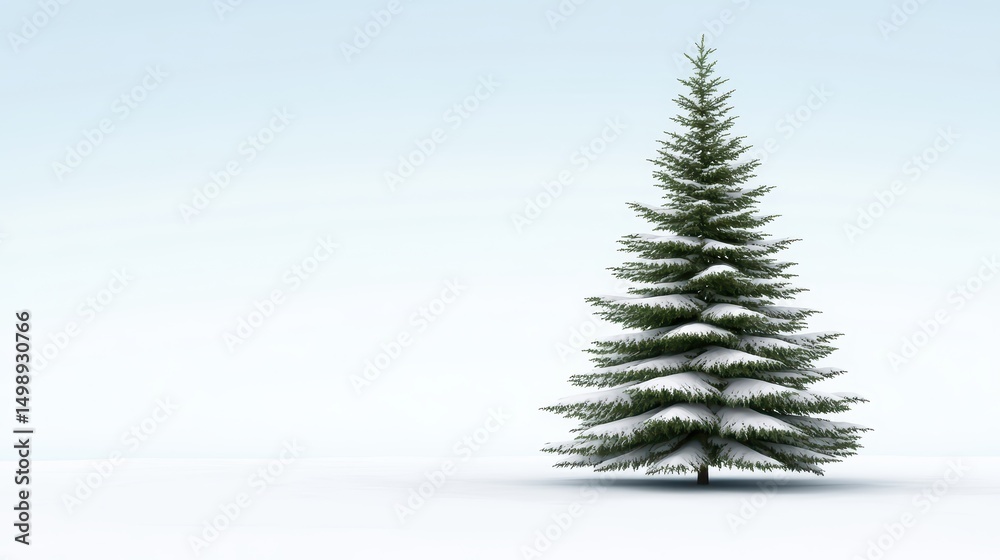 Fototapeta premium A single pine tree covered in snow stands alone in a snowy, open landscape under a clear sky.