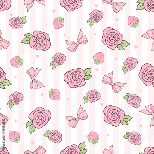 Pink Rose and Bow Pattern with Strawberries on Pastel Striped Background