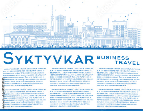 Outline Syktyvkar Russia city skyline with blue buildings and copy space. Syktyvkar cityscape with landmarks. Travel and tourism concept with modern and historic architecture.
