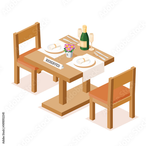 Romantic dinner setup for two. Reserved table with champagne, glasses, flowers, and cutlery on a wooden table. Plates with rolled napkins. Perfect atmosphere for a special evening.