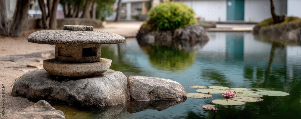 Naklejka premium Stone lantern in harmony with peaceful lotus pond concept. A peaceful Japanese garden scene with a lantern and pond.