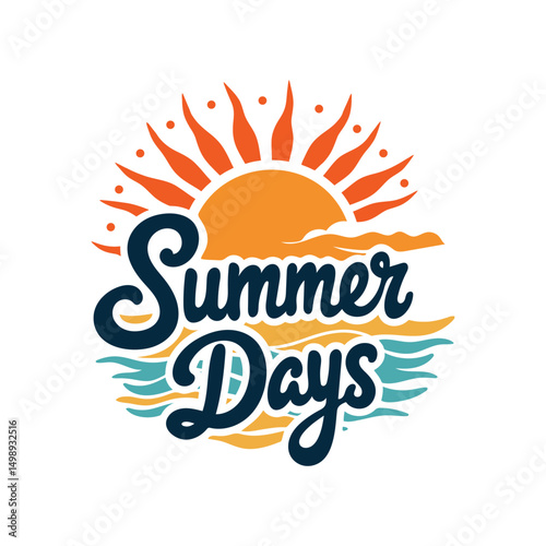 Vintage Summer Label Design with Bright Colors, Summer Days Vector Illustration with Sun and Waves isolated white background