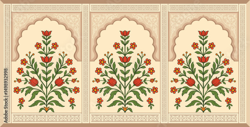 Traditional Mughal flower motif. India wall decor flower Painting. Mughal wall paintings, botanical floral ethnic motif