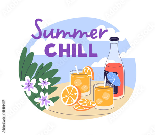 Summer vacation refreshment. Tropical cocktail drink with orange, holiday sticker. Exotic lemonade in bottle and glasses, chill vibe, mood. Flat vector illustration isolated on white background