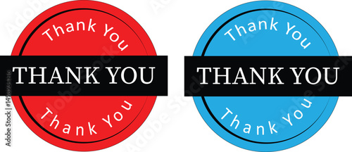 Round Thank You Badge Labels in Red and Blue with Bold Black Ribbon Banner