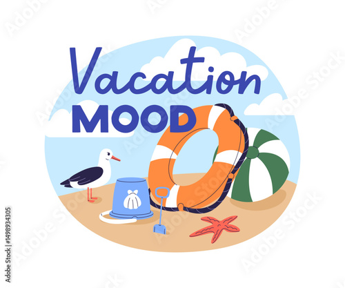 Summer beach, tropical vacation mood sticker. Seagull, toys, ball and lifebuoy on sand coast, sea resort. Holiday vibe, seaside leisure time. Flat vector illustration isolated on white background