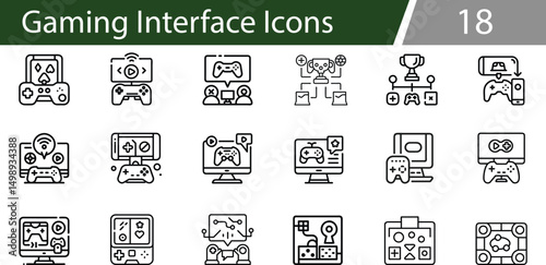 18 Gaming Interface Icons. Online Multiplayer, Console, Mobile Gamepad, Streaming, UI Elements, Virtual Trophies, Leaderboards, and Game Controllers. Vector illustration