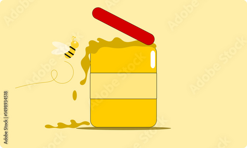 Flat Design Illustration of a Bee and a Honey Jar with a Wooden Dipper