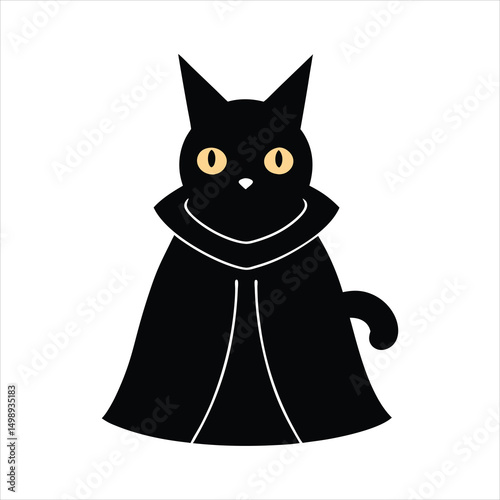 A black cat with glowing eyes on a white background