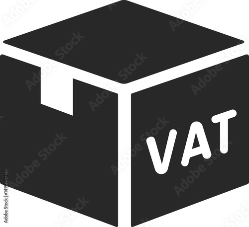 Shipping box with VAT text, referring to value-added tax on goods, solid icon vector.
