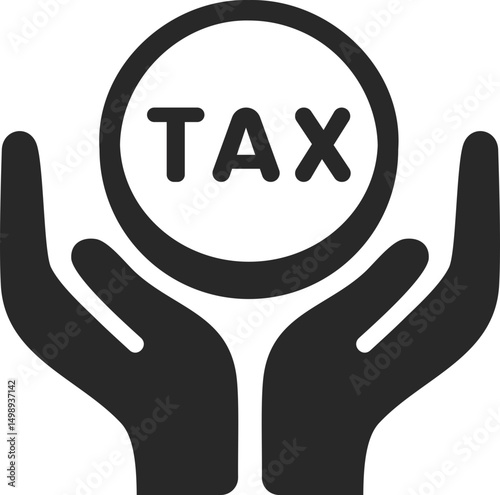 Two hands holding a TAX coin, representing tax support or responsibility, solid icon vector.