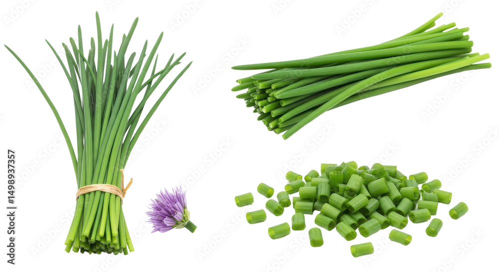 Obraz premium Fresh chives bunch, chopped pieces and flowers isolated on white background