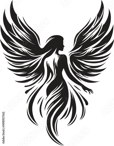 Winged Woman Illustration - Tribal Angel Silhouette of Elegant Winged Woman Vector Illustration