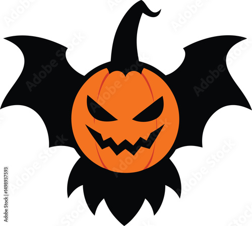 A carved pumpkin with bat wings  on a white background