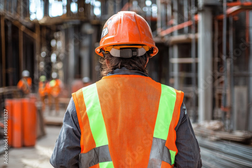 Construction workers wearing helmets and safety gear working at a busy construction site photo