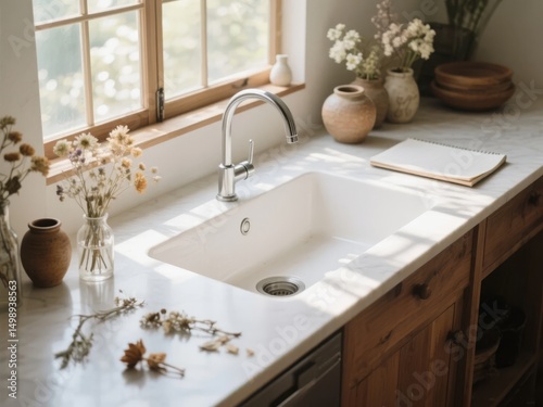 Modern Kitchen Sink with Natural Light and Decorative Vases