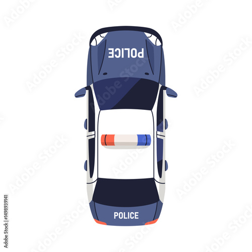 Police car, top down view. Patrol vehicle with siren lights on roof. Emergency municipal service, 911 auto transport from above, overhead. Flat vector illustration isolated on white background