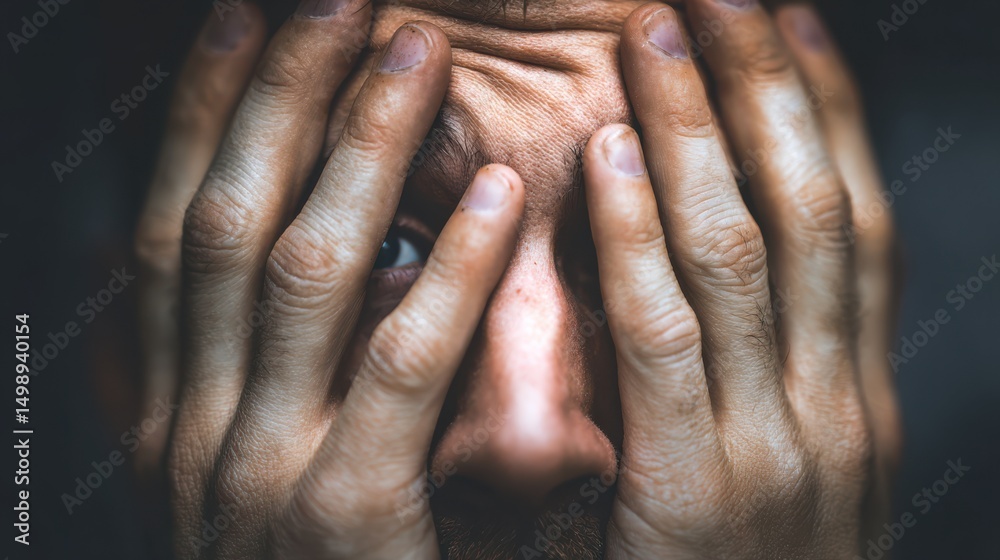 Fototapeta premium A man displays intense emotions as he covers his face with both hands, conveying feelings of anxiety or despair. The lighting creates a somber atmosphere, highlighting his expression