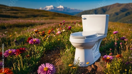 White toilet bowl standing in colorful flower field mountain wildflowers