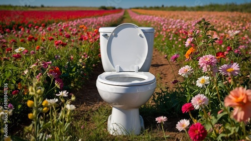 White toilet bowl standing in colorful flower field