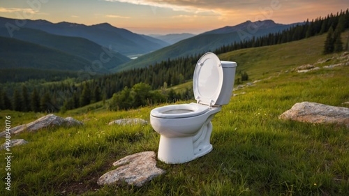 White toilet bowl sitting on grassy mountain slope at sunset with open lid