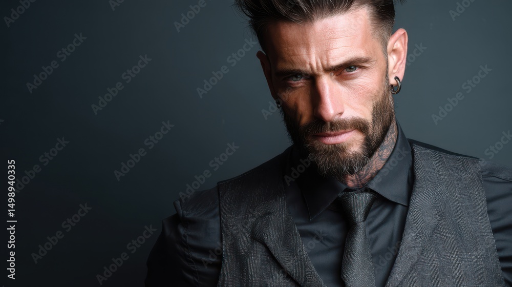A stylish man with a beard and tattoos stands confidently in a tailored suit. His intense gaze and slicked-back hair highlight his fashion sense and personal style A stylish man with a beard and tattoos stands confidently in a tailored suit. His intense gaze and slicked-back hair highlight his fashion sense and personal style