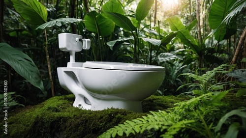 Modern toilet contrasting with lush jungle environment