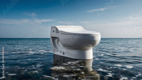 White toilet bowl standing in ocean water representing water pollution and environmental issues