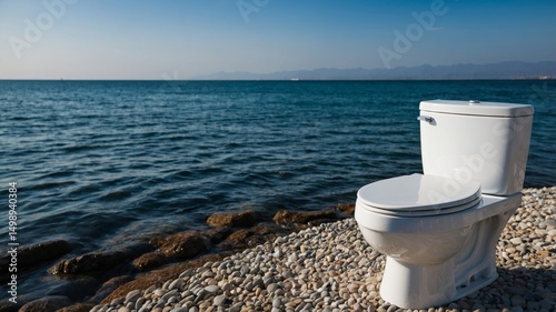 White toilet bowl standing on pebble beach by the sea under blue sky