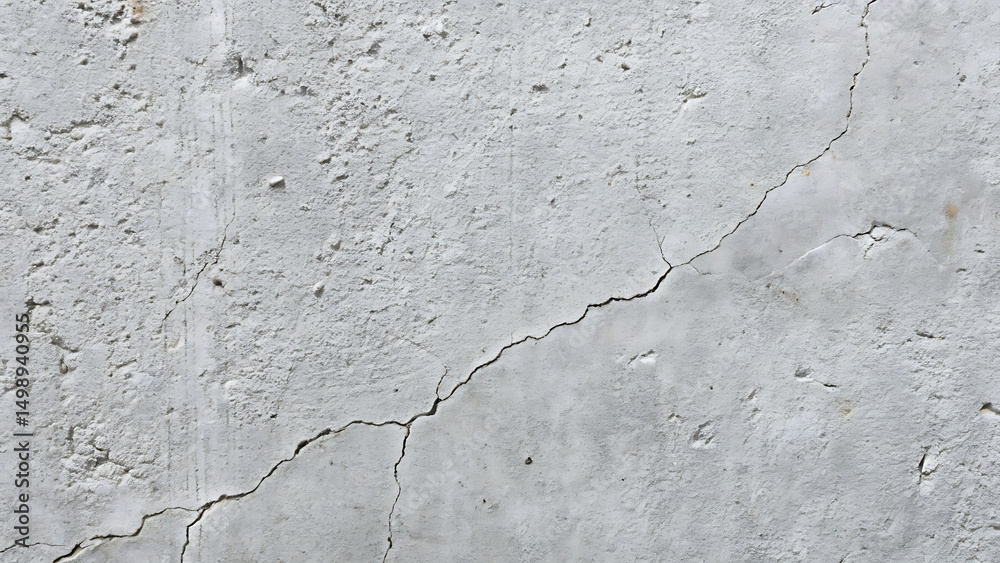 Obraz premium Close up view of a textured light gray concrete wall with prominent cracks running diagonally across its surface
