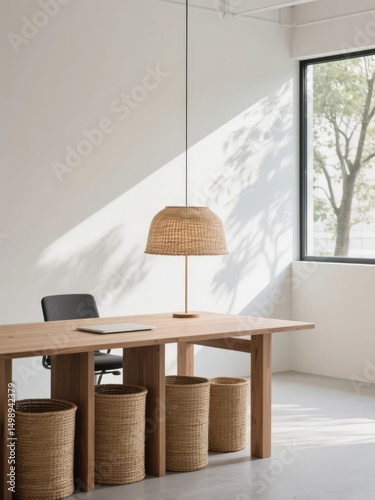Minimalist Office Space with Wooden Desk and Wicker Lamp