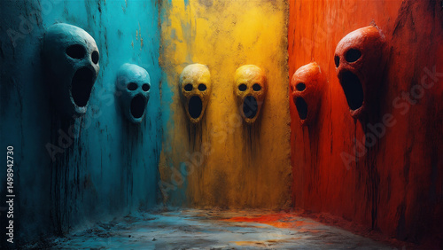 Dramatic illustration of schizophrenia by an artist experiencing the condition. Vivid colors and haunting imagery reflect the complexity of mental health. Ideal for educational and awareness materials