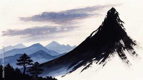 Majestic mountain landscape captured in elegant watercolor style. Shades of blue and black evoke tranquility and depth, perfect for nature-themed designs, travel promotions, or decor.
