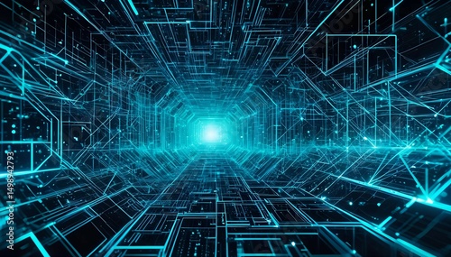 Futuristic digital tunnel with glowing lines and particles creates a captivating atmosphere. Ideal for technology, sci-fi, and innovation themes. Perfect for graphics, presentations, and web design.