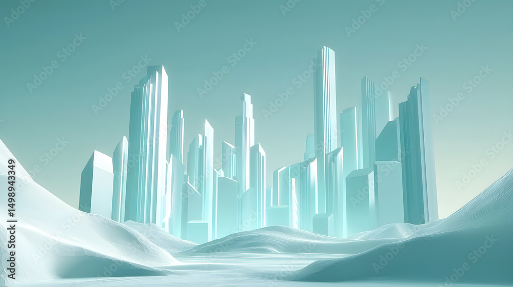 Fototapeta premium Cityscape in Icy Realm: A futuristic city of gleaming skyscrapers rises from an ethereal, icy landscape, evoking a sense of advanced urbanism and the captivating allure of a frigid.