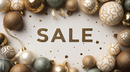 Chic winter sale mockup featuring sparkling ornaments and golden text on a light background. Ideal for holiday promotions, marketing materials, and seasonal campaigns. 