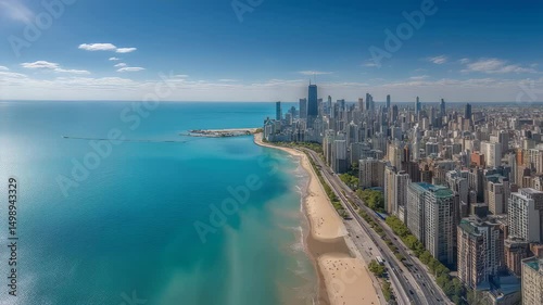 Chicago skyline aerial drone view from lincoln park showing downtown skyscrapers and lake michigan shoreline in illinois