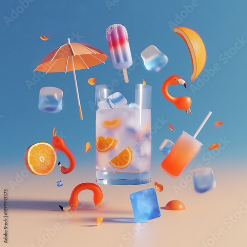 Vibrant summer drink mockup with colorful ingredients like ice cubes, fruits, and playful elements. Perfect for refreshing cocktails, party promotions, and seasonal advertisements.