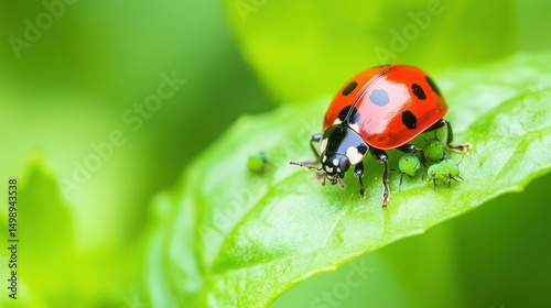 Ladybug eating aphids on leaf, green background, nature close-up