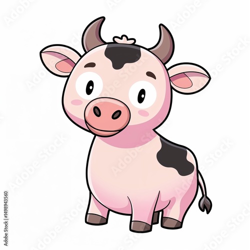 Charming cartoon cow character smiling on an isolated white background. Ideal for children's products, educational materials, and playful branding. Perfect for digital illustrations.