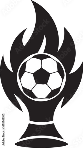 Abstract black and white design depicting a soccer ball within stylized flames