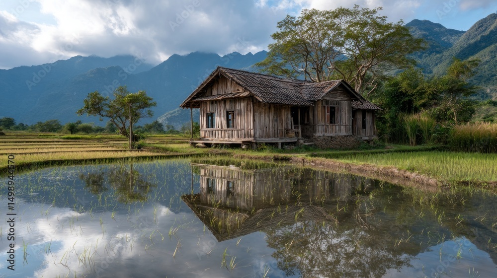 Obraz premium Rustic wooden house by pond in rural landscape