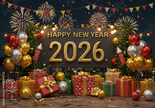 Happy New Year 2026 Festive Image on white background