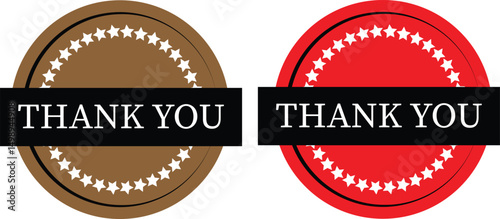 Thank You Labels with Star Border – Brown and Red Round Emblems with Ribbon