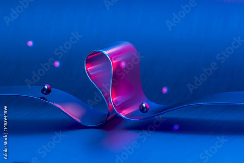 Abstract 3D composition with a glass ribbon and spheres in neon colors