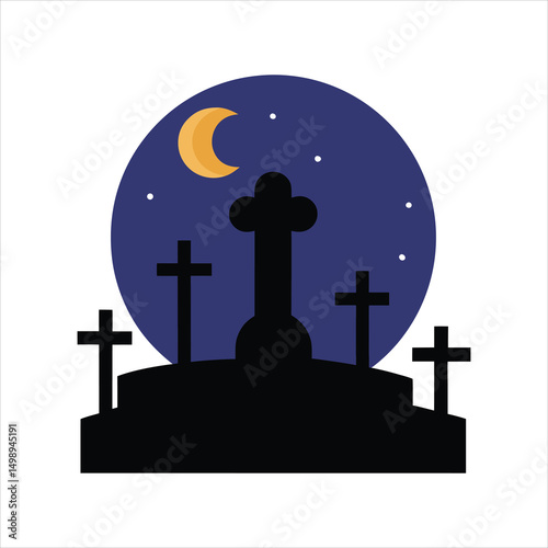 A graveyard at night on a white background