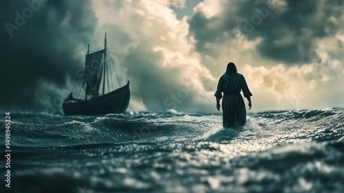Man walks on stormy sea towards sailing ship; dramatic clouds