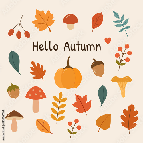 Vibrant autumn collection: leaves, pumpkins, mushrooms, and berries in a cheerful, flat vector style. Perfect for fall designs, harvest festival invitations, seasonal decorations, and educational mate