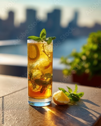 Iced Lemon Mint Tea on Rooftop with City View at Sunset